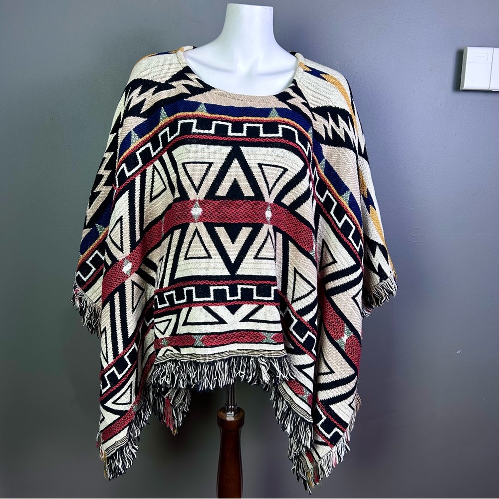 Poncho sweater Southwestern aztec fringe One Size cotton black red western